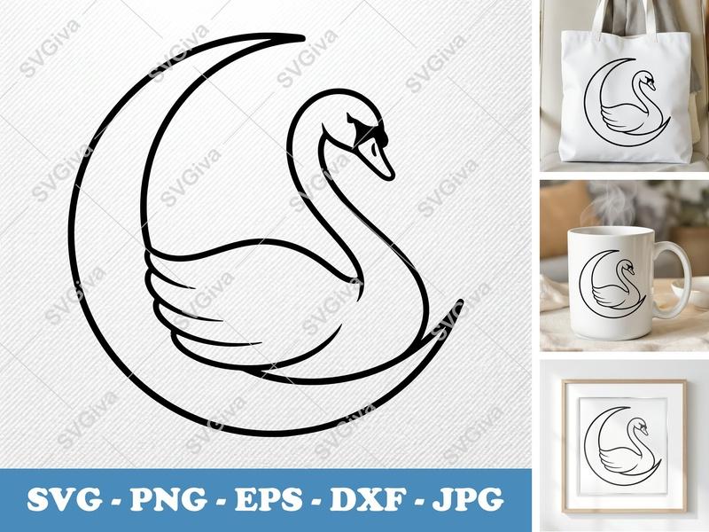 Swan Sitting on Moon SVG | Minimalist Bold Contour | PNG DXF EPS | Cricut Silhouette File