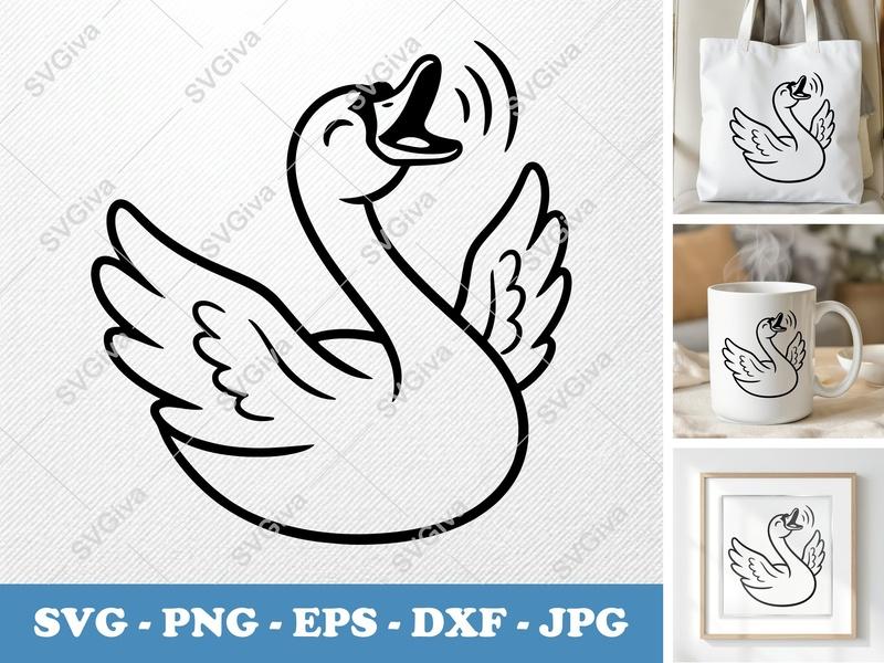 Swan SVG | Cartoon Swan Singing | Cute Bird Clipart | PNG EPS DXF | Cricut Silhouette File