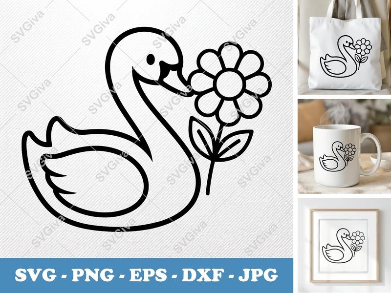 Swan SVG | Cute Outline Swan with Flower | Bird Clipart | PNG EPS DXF for Cricut, Silhouette | Kids Craft, Nursery Decor