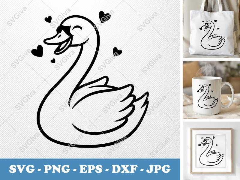 Swan SVG | Cute Swan with Hearts PNG EPS DXF | Valentine's Day Love Bird | Cricut Silhouette File