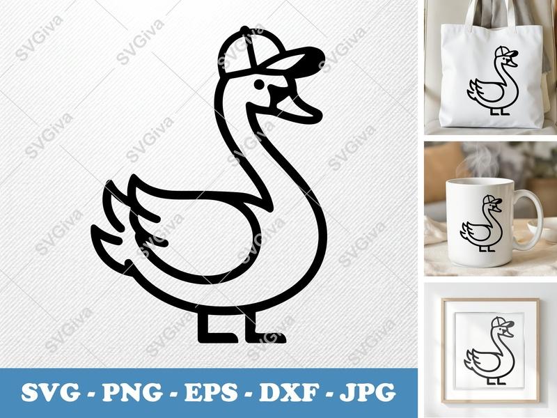 Swan SVG | Ducky with Hat | Baseball Cap Bird Clipart | Modern Animal Cut File for Cricut, Silhouette | PNG EPS DXF Vector