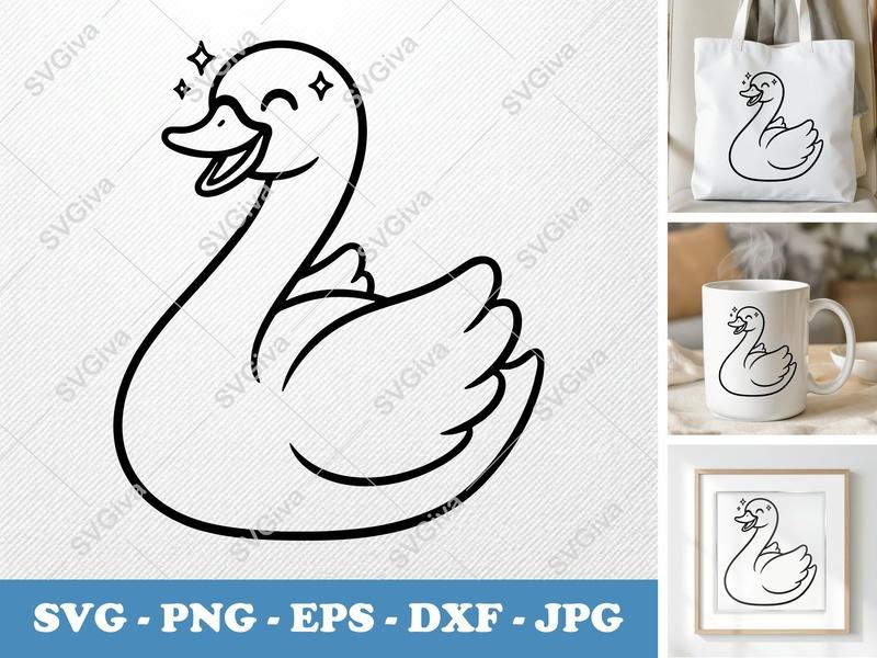 Swan SVG | Happy Smiling Swan, Cartoon Swan Cut File, Cute Bird | PNG EPS DXF | Cricut Silhouette File