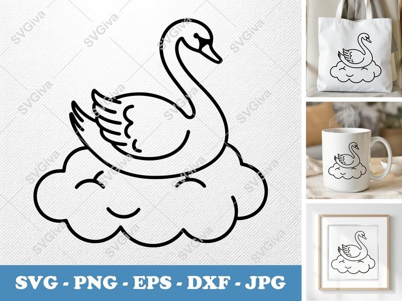 Swan SVG on Cloud | Modern Clean Design Cut File | PNG EPS DXF for Cricut Silhouette Nursery Decor