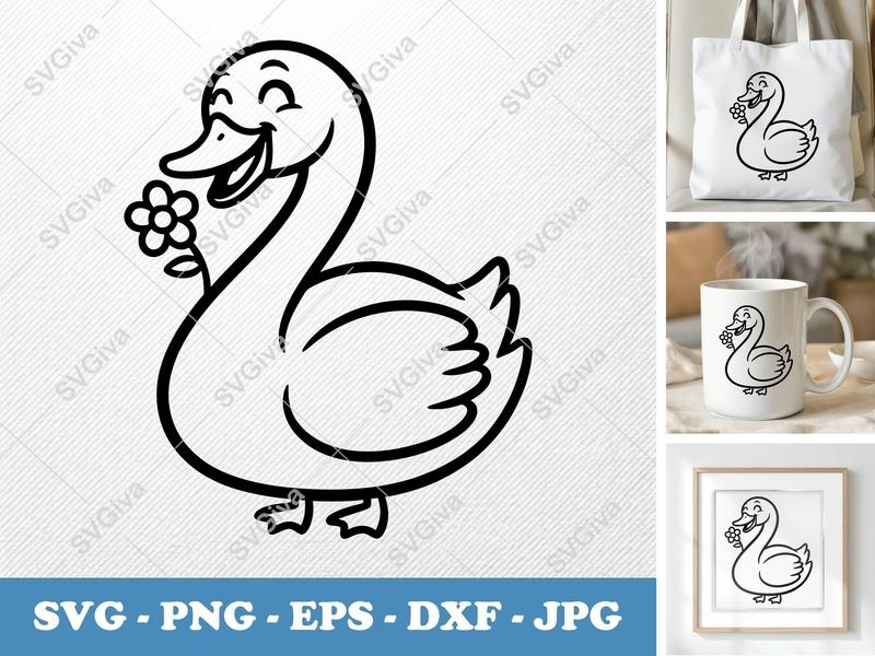 Swan SVG | Smiling Happily with Flower | Friendly Cartoon Rounded Body Cut File | PNG DXF EPS | Cricut Silhouette