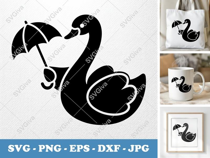 Swan SVG with Umbrella Cut File | Modern Bird Clipart | PNG EPS DXF for Cricut, Silhouette