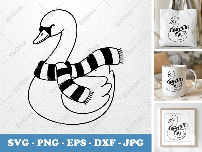 Swan wearing a Scarf SVG | Puffy Cartoon Swan | PNG DXF EPS | Cricut Silhouette Cut File