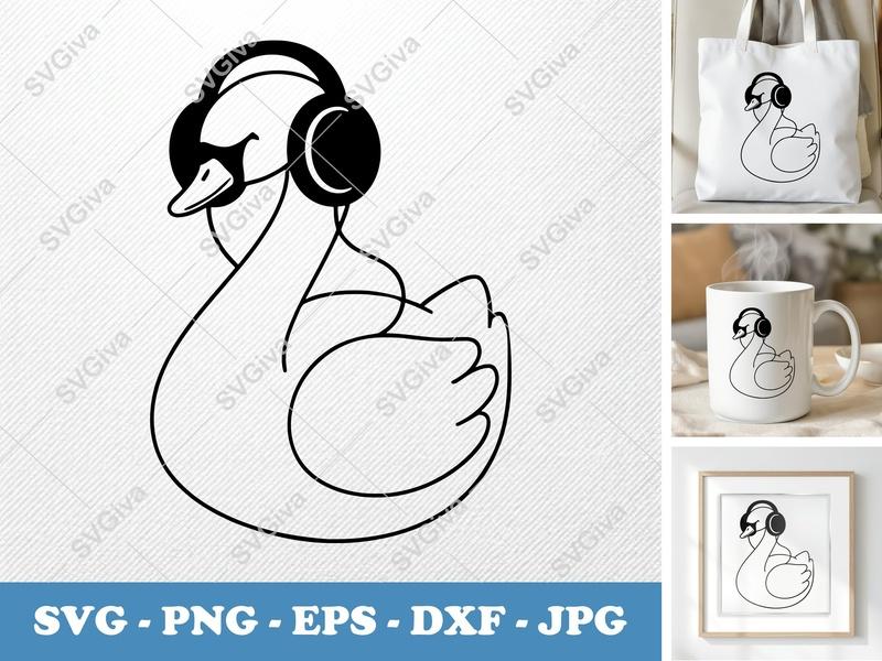 Swan wearing headphones SVG | Puffy Cartoon Style Digital Download | PNG DXF EPS for Cricut Silhouette