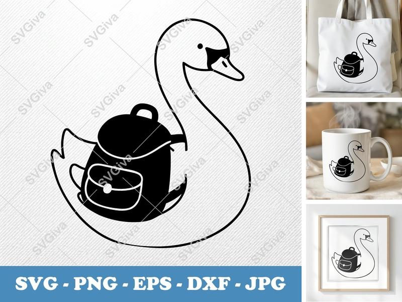 Swan with Backpack SVG | Cute Bird Design | PNG EPS DXF | Cricut Silhouette Cut File | Simple Outline Clipart