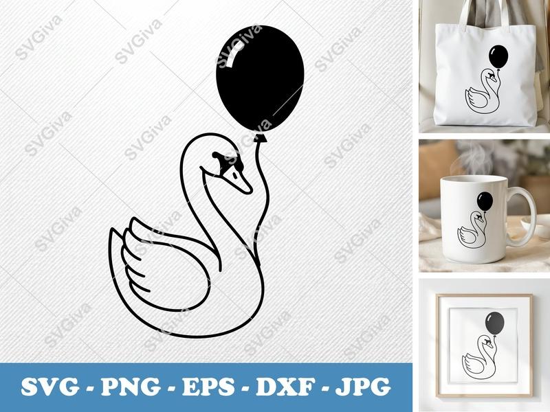 Swan with Balloon SVG, Minimalist Outline, Bold Contour | PNG DXF EPS | Cricut Silhouette Cut File