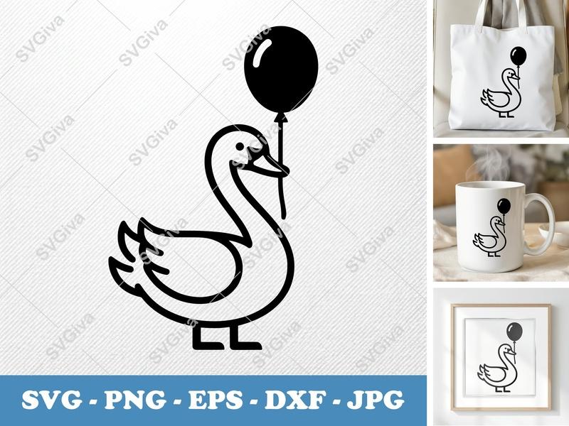 Swan with Balloon SVG | Modern Clean Design | PNG EPS DXF | Cricut Silhouette Cut File | Simple Bird Clip Art