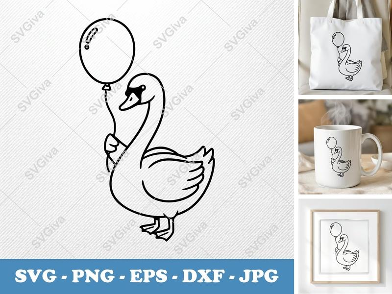 Swan with Balloon SVG | Modern Clean Line Art | PNG EPS DXF | Cricut Silhouette Cut File | Cute Nursery Decor