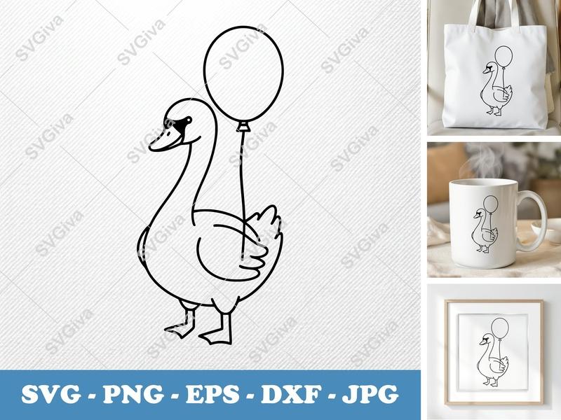 Swan with Balloon SVG | PNG DXF EPS Cut File for Cricut or Silhouette | Bird Animal Design