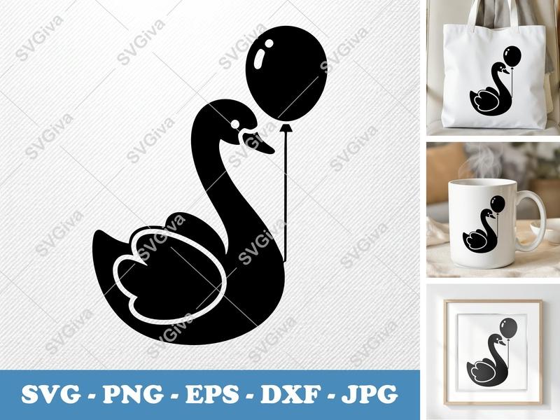 Swan with Balloon SVG PNG DXF EPS | Cute Bird Cut File Cricut Silhouette | Nursery Decor Anniversary Love