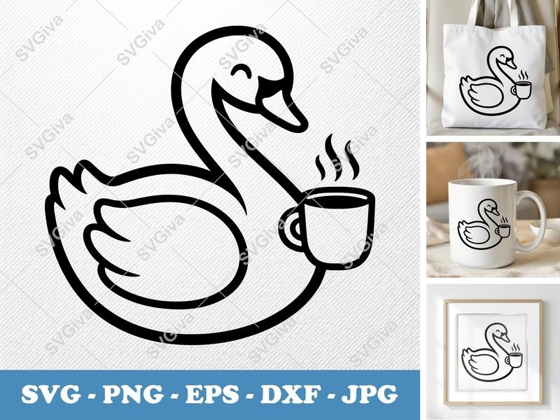 Swan with Coffee Cup SVG | Friendly Rounded Bean-Shaped Design | PNG DXF EPS | Cricut Silhouette File