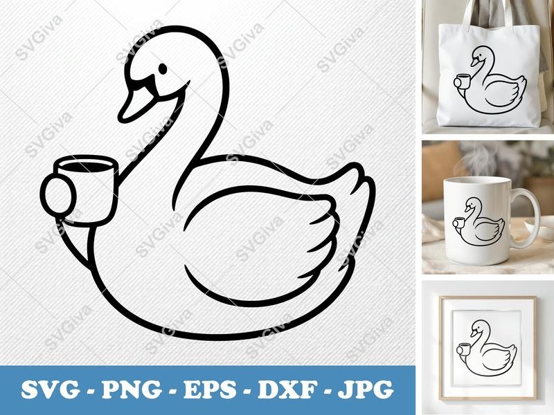 Swan with Coffee Cup SVG | Puffy Soft Forms | Inflated Pillow Art | PNG DXF EPS | Cricut Silhouette File