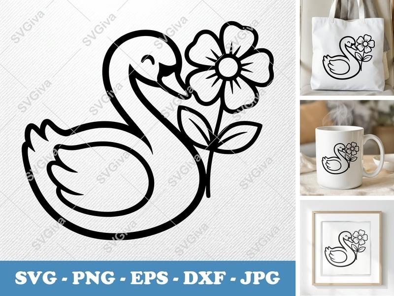 Swan with Flower SVG | Friendly Rounded Body Bean-Shaped Design | PNG DXF EPS | Cricut Silhouette File