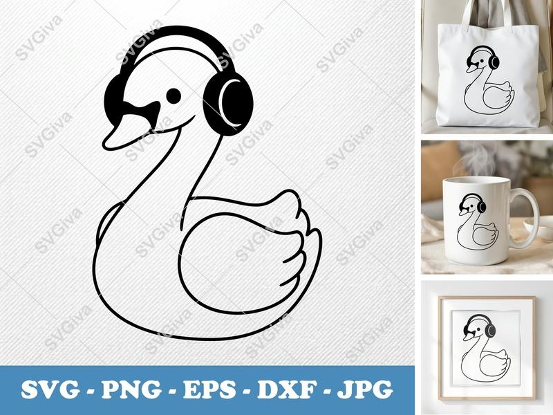 Swan with Headphones SVG | Cute Animal Cut File | PNG EPS DXF for Cricut Silhouette | Music Lover Design | Digital Download