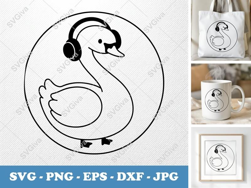 Swan with Headphones SVG | Music Lover Clip Art | Cute Bird PNG EPS DXF for Cricut & Silhouette | Modern Animal Design