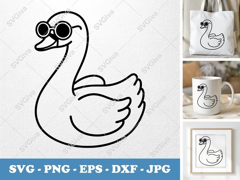 Swan with Sunglasses SVG | Puffy Cartoon Style Cut File | Inflated Pillow Soft Forms | PNG DXF EPS for Cricut Silhouette