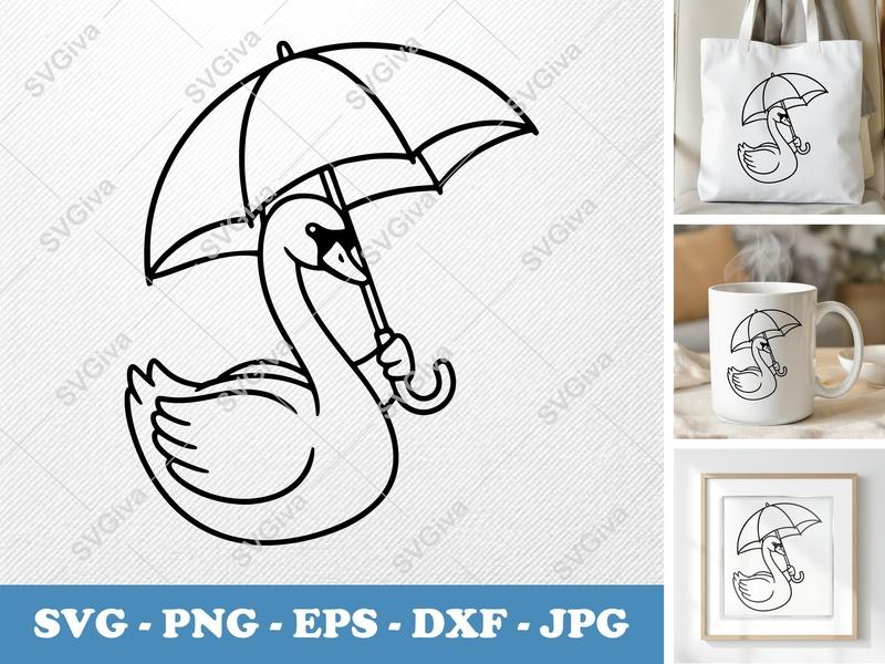 Swan with Umbrella SVG | Cute Bird PNG EPS DXF | Modern Outline Design | Cricut Silhouette Cut File