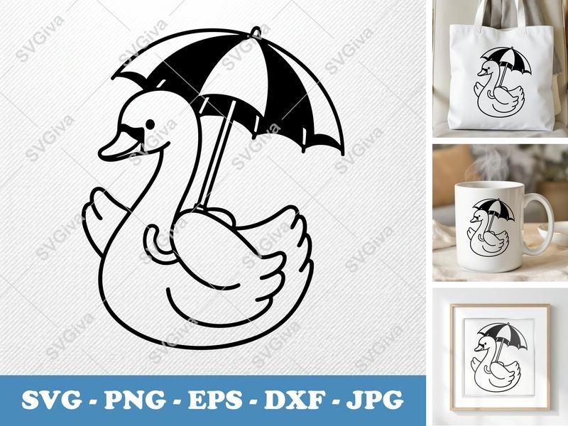 Swan with Umbrella SVG | Cute Cartoon Duckling | PNG EPS DXF | Cricut Silhouette Cut File | Modern Animal Clipart