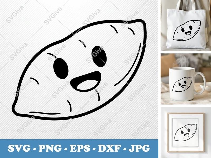 Sweet Potato with Smiling Face SVG PNG DXF EPS | Kawaii Food Cut File Cricut Silhouette