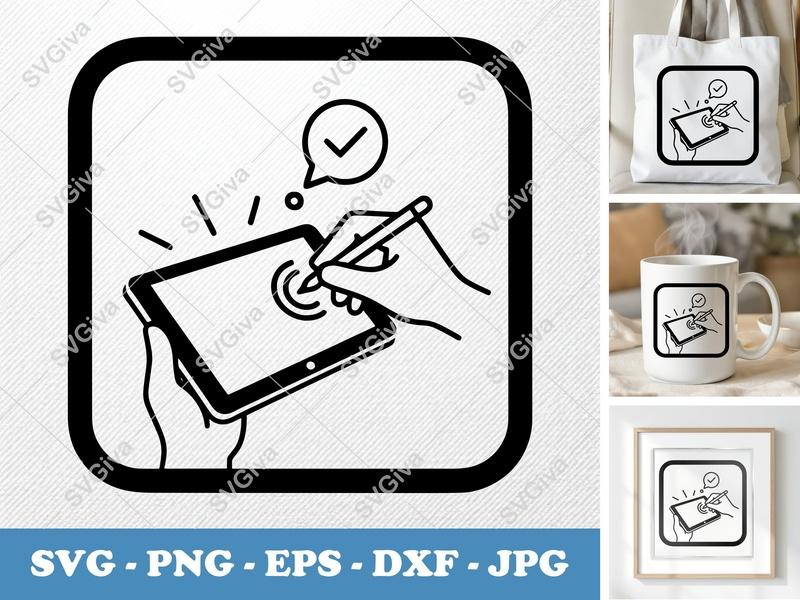 Tablet SVG | Digital Signature Icon, Hand Writing Stylus, Modern Clean Design | PNG EPS DXF for Cricut, Silhouette