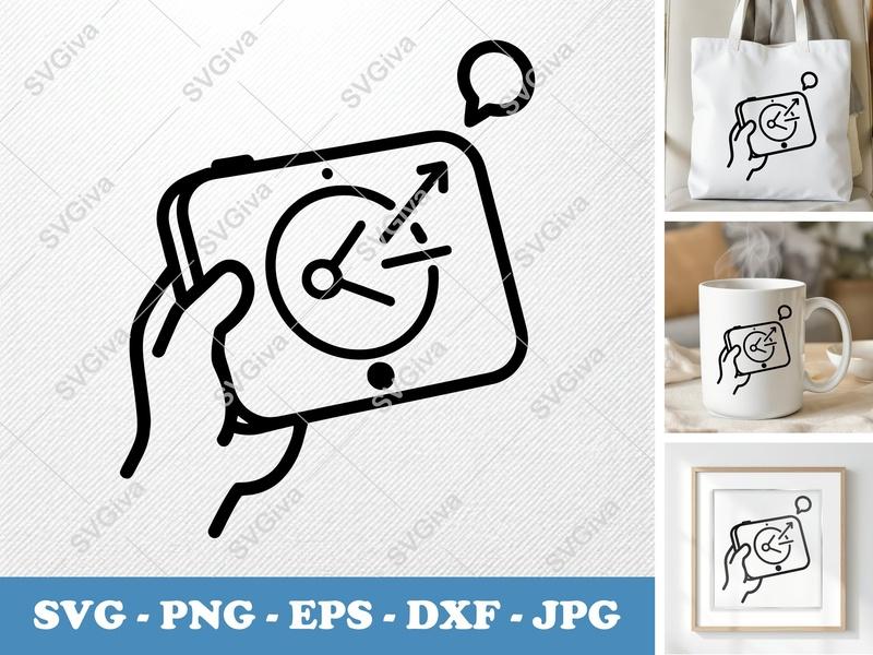 Tablet SVG, Hand Holding Device Time Management, PNG EPS DXF for Cricut, Silhouette, Productivity Icon, Clock Alarm