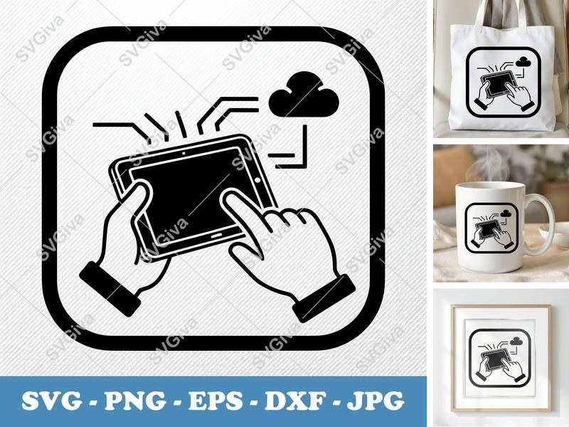 Tablet SVG | Modern Cloud Computing Design, Hands Using Tablet, Digital Tech Icon | PNG EPS DXF for Cricut, Silhouette
