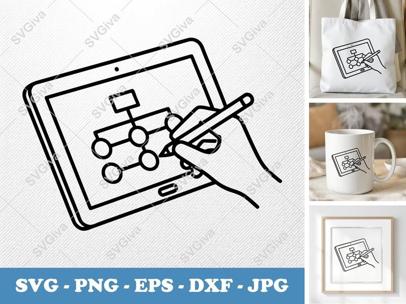 Tablet SVG, Modern Design with Hand & Stylus, Organogram | PNG EPS DXF for Cricut, Silhouette | Business Icon, Workflow