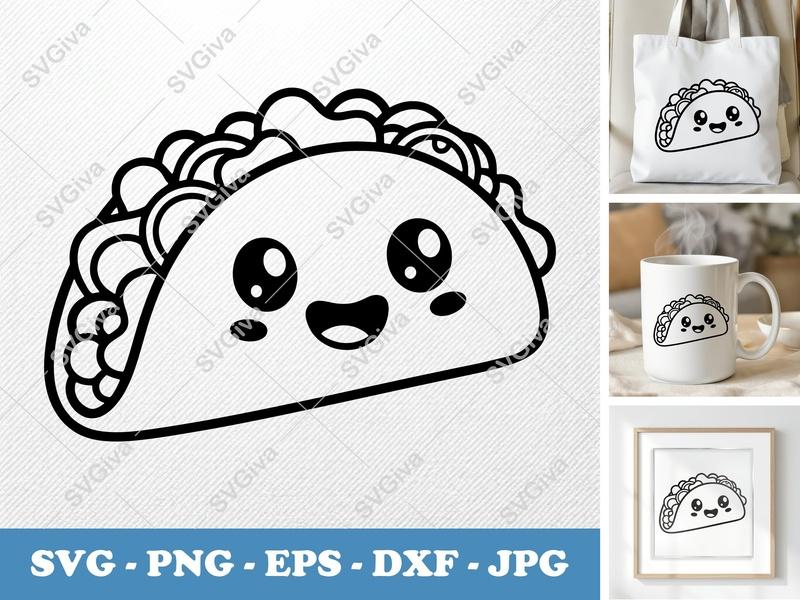 Taco Kawaii SVG | Cute Food Outline | Happy Face Clip Art | PNG EPS DXF | Cricut Silhouette Cut File