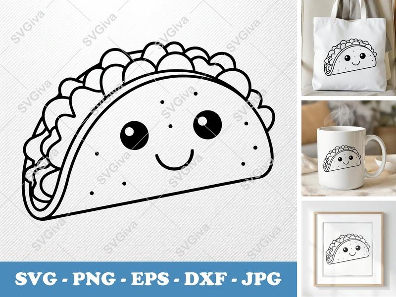 Taco Kawaii SVG | Cute Taco PNG EPS DXF | Happy Food Clipart for Cricut & Silhouette | Mexican Food Outline Cut File