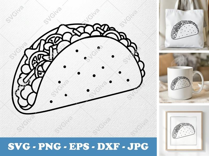 Taco SVG Cut File | Food Clip Art | Modern Outline Design | PNG EPS DXF for Cricut & Silhouette Machines