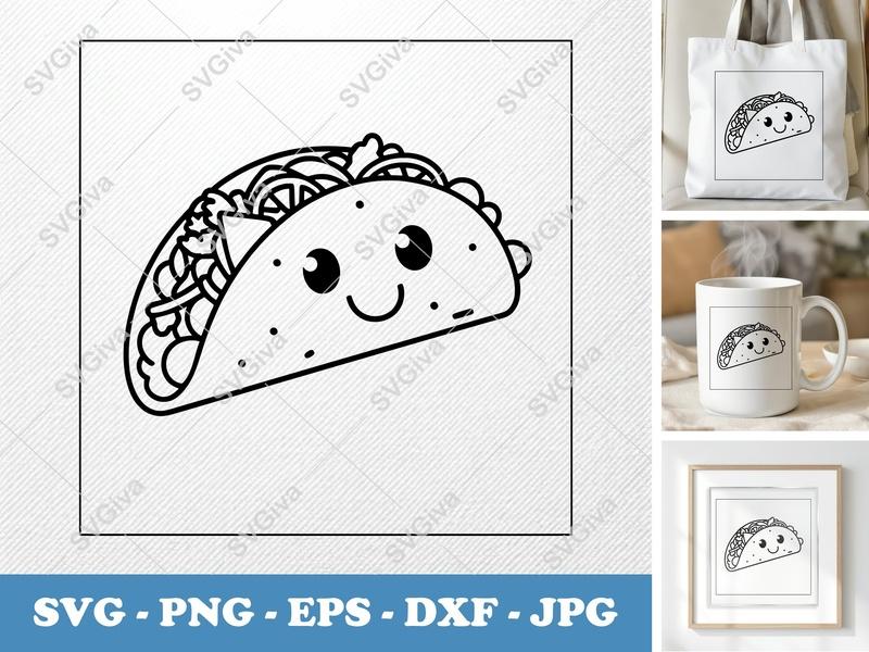 Taco SVG Cut File | Kawaii Food Clipart, Cute Smiling Taco, Outline Design | PNG EPS DXF for Cricut & Silhouette