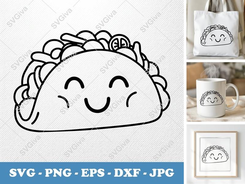 Taco SVG, Cute Kawaii Happy Face Food Clip Art, Modern Outline Design for Cricut & Silhouette, PNG EPS DXF Files