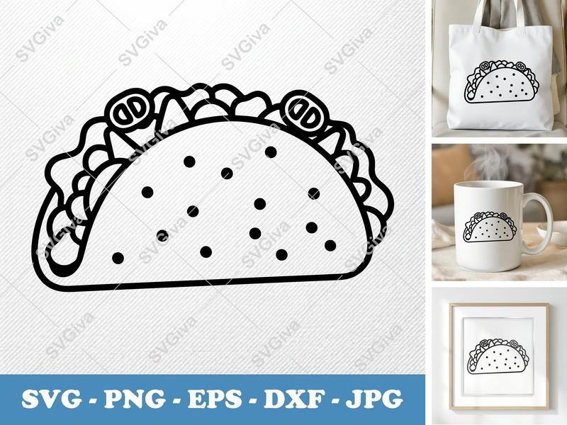 Taco SVG, Friendly Rounded Bean-Shaped Design, PNG DXF EPS, Cricut Silhouette Cut File