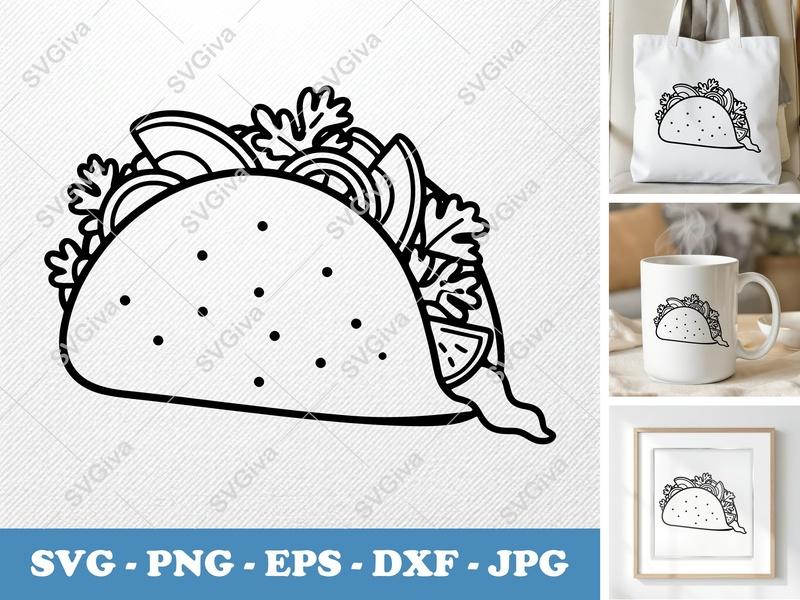 Taco SVG, Modern Clean Line Art, Filled Outline, Food Cut File, PNG EPS DXF for Cricut & Silhouette, Mexican Party Decor