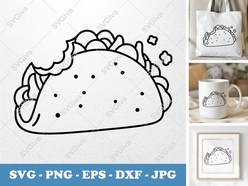 Taco SVG, Modern Outline Bite Mark, Food Clipart, PNG EPS DXF for Cricut & Silhouette, Mexican Food Cut File