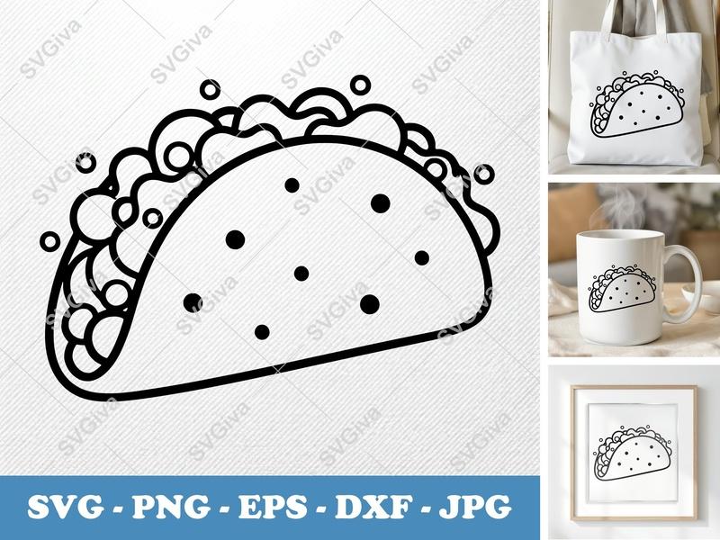 Taco SVG, Modern Outline Taco Cut File, Food Clipart, Mexican Food Vector, PNG EPS DXF for Cricut & Silhouette
