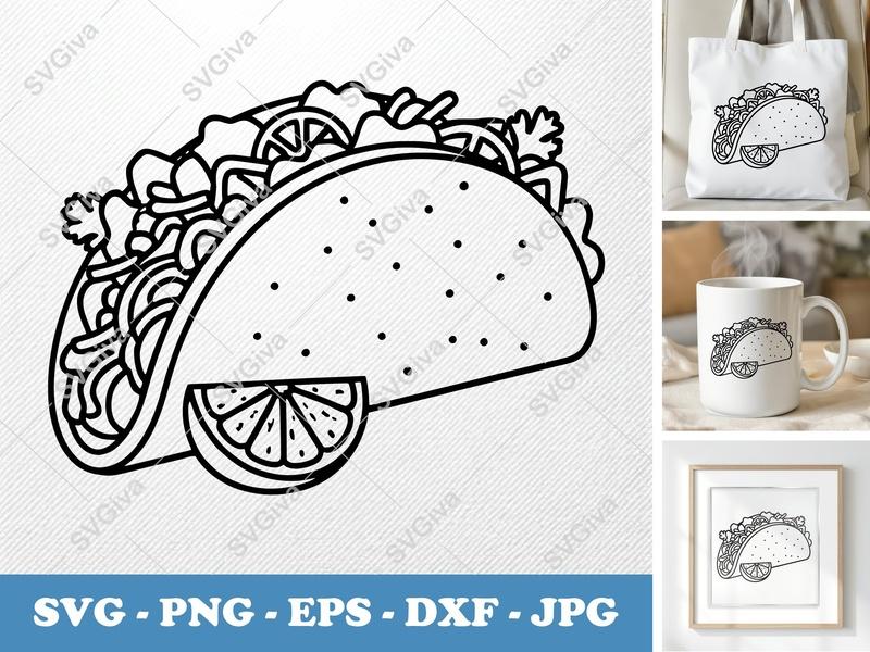 Taco SVG | Modern Outline Taco with Lime Slice | PNG EPS DXF for Cricut & Silhouette | Food Cut File