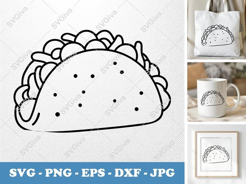 Taco SVG, Outline Taco Shell with Filling, Modern Food Clipart, PNG EPS DXF for Cricut & Silhouette, Mexican Food Cut File