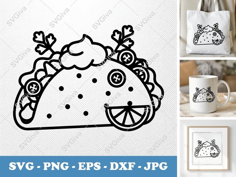 Taco with garnish SVG | Rounded Friendly Bean-shaped | PNG DXF EPS | Cricut Silhouette Cut File