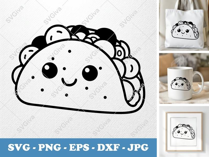 Taco with Smiling Face SVG | Puffy Soft Shapes | Inflated Pillow-Soft Design | PNG DXF EPS | Cricut Silhouette File