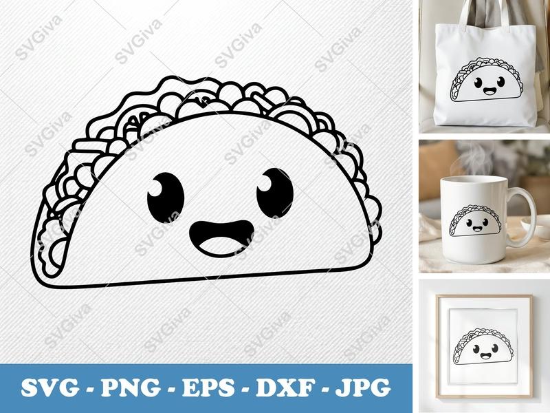 Taco with Smiling Face SVG | Rounded Friendly Bean-Shaped Cut File | PNG DXF EPS | Cricut Silhouette
