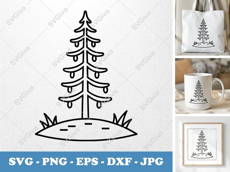 Tamarack Tree on a piece of land SVG | Bold Outline Evergreen Pine Tree Clipart | PNG EPS DXF for Cricut Silhouette Nature Cut File