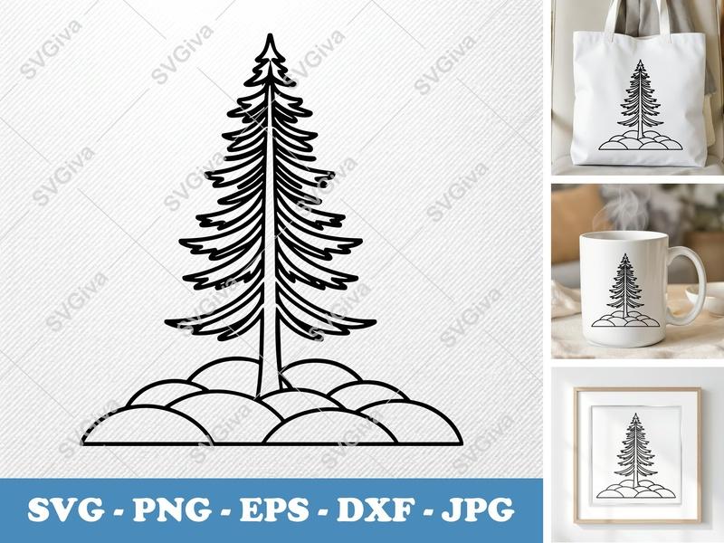 Tamarack Tree on a piece of land SVG | Double Outline Tree Cut File | Nature PNG DXF EPS | Cricut Silhouette Design