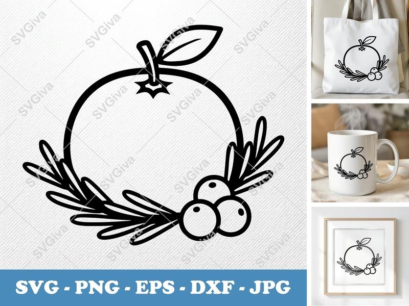 Tangerine SVG | Modern Citrus Fruit with Berries & Leaves | PNG EPS DXF | Cricut Silhouette Cut File
