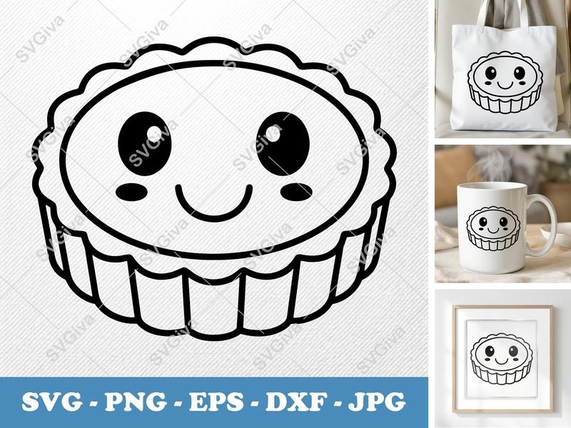 Tart Kawaii Smiling Face SVG, Cute Dessert PNG, EPS, DXF | Cricut & Silhouette Cut File, Modern Bakery Clipart