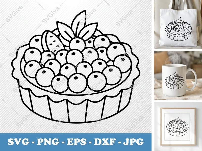 Tart SVG, Berry Fruit Dessert Pie, Modern Clean Outline, PNG EPS DXF for Cricut | Silhouette Cut File
