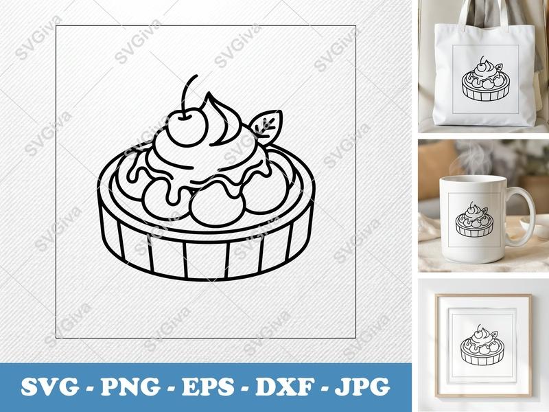 Tart SVG, Cherry Dessert Cut File | PNG EPS DXF for Cricut, Silhouette | Modern Bakery Food Sweet Treat